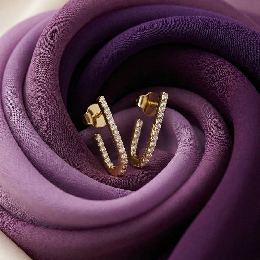 Lustre U-Curve Diamond Stud Earrings – 925 Silver (Gold Polish)