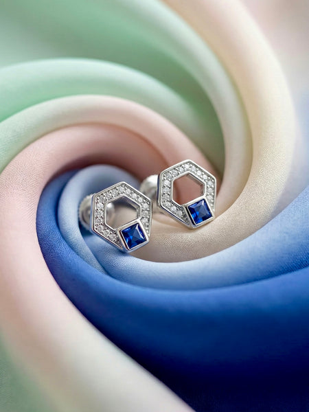 Hexa Sapphire Halo Stud Earrings – 925 Silver