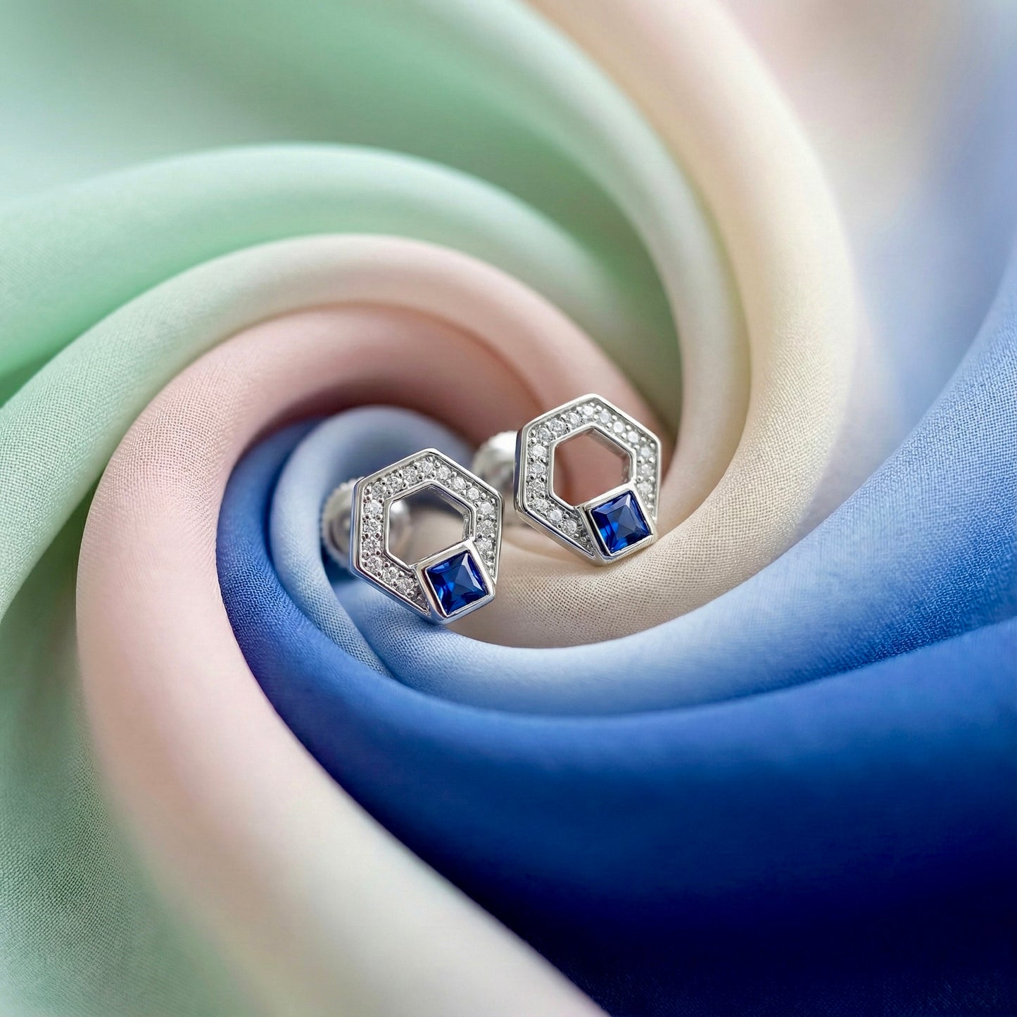 Hexa Sapphire Halo Stud Earrings – 925 Silver