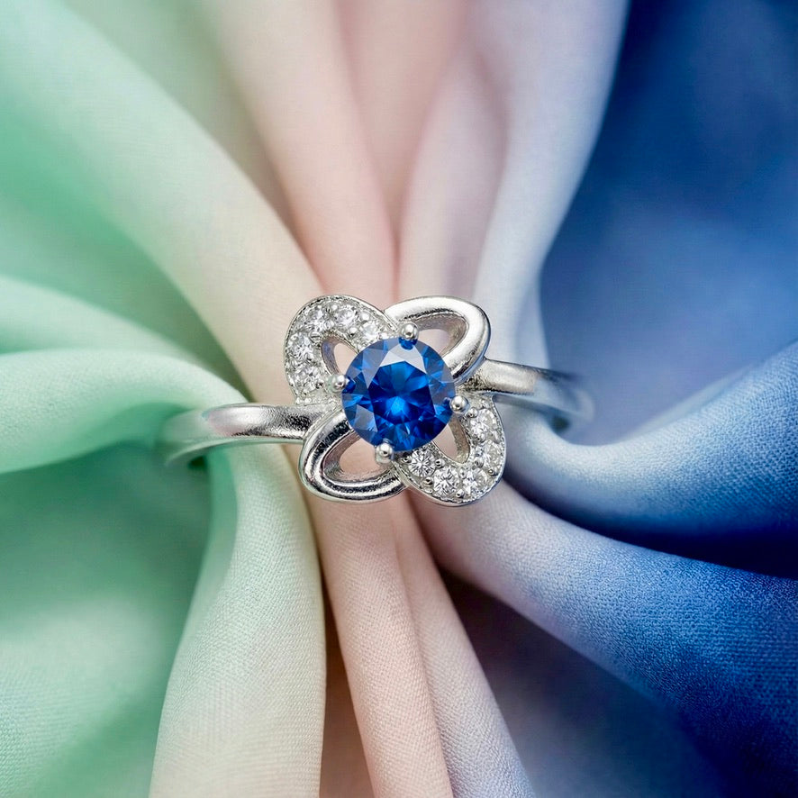 Blue Sapphire Floral Silver Ring for Women | 925 CZ Statement Ring