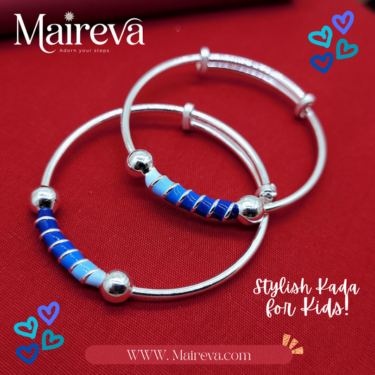 Blue Swirl Adjustable Kids Kada Set (13.9g) - 92.5 Silver