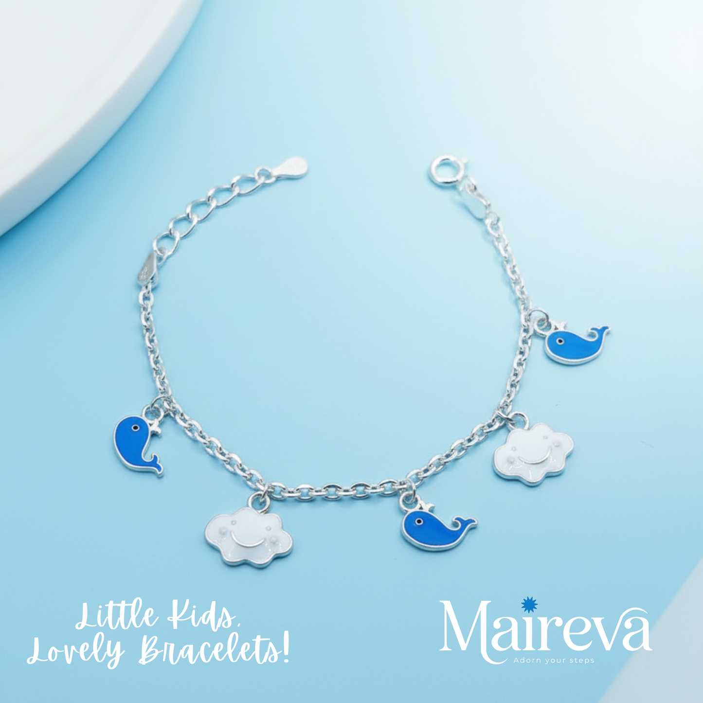 Teddy Bear & Whale Charm 925 Sterling Silver Kids Bracelet (5-Inch)