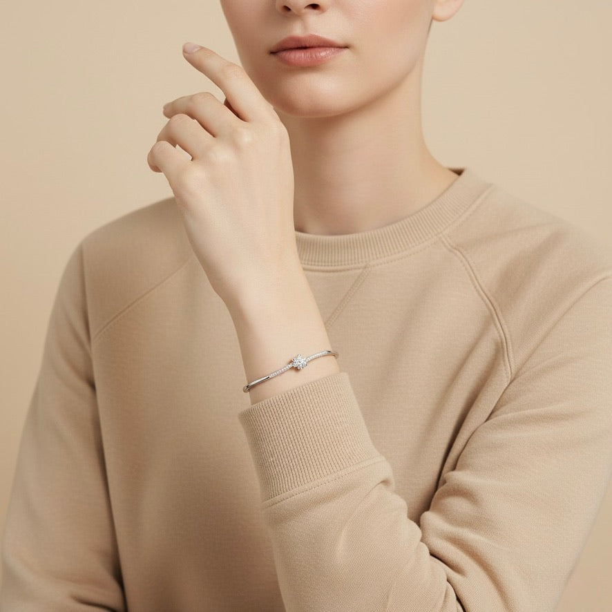 925 Silver Floral Diamond Accent Closed Bangle for Women