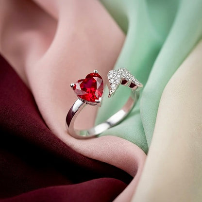 925 Silver Adjustable Heart Ruby Ring | Open Love Ring for Women