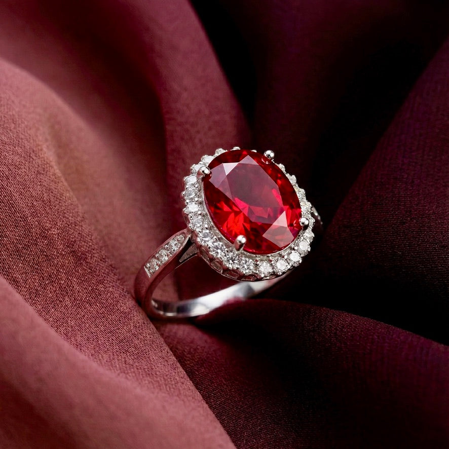Ruby Red Oval Silver Ring for Women | 925 Halo CZ Ring