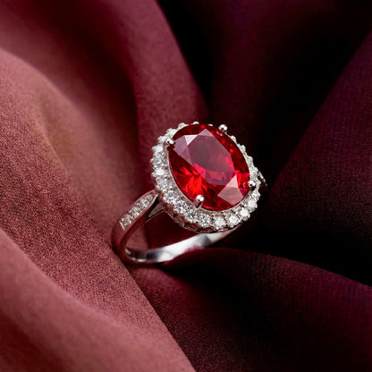 Ruby Red Oval Silver Ring for Women | 925 Halo CZ Ring