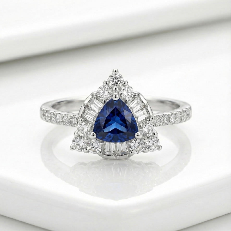 925 Silver Trillion Blue Sapphire CZ Halo Ring | Luxury Designer Statement Ring