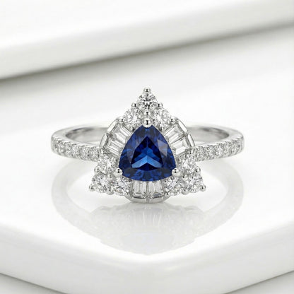 925 Silver Trillion Blue Sapphire CZ Halo Ring | Luxury Designer Statement Ring