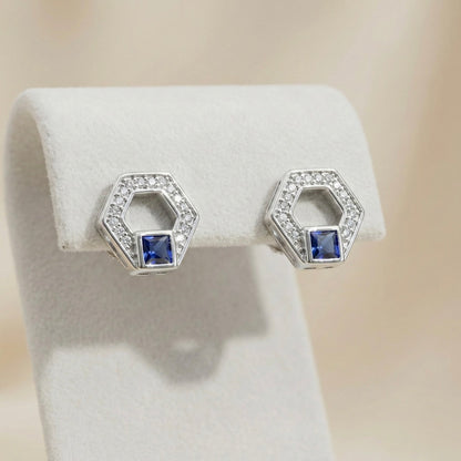 Hexa Sapphire Halo Stud Earrings – 925 Silver