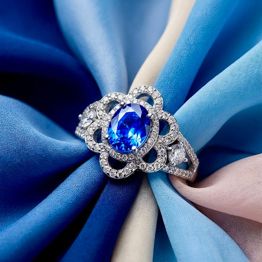 925 Silver Blue Sapphire Floral Halo Ring | Premium Sapphire CZ Statement Ring