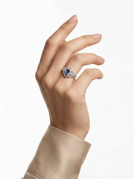 925 Silver Blue Sapphire Floral Halo Ring | Premium Sapphire CZ Statement Ring