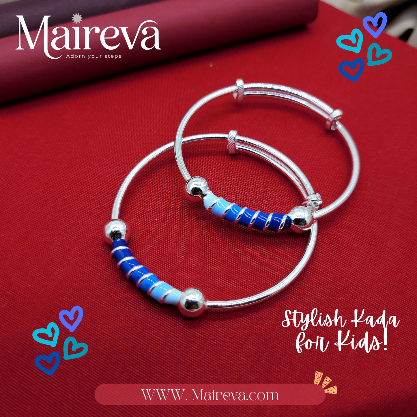Blue Swirl Adjustable Kids Kada Set (13.9g) - 92.5 Silver