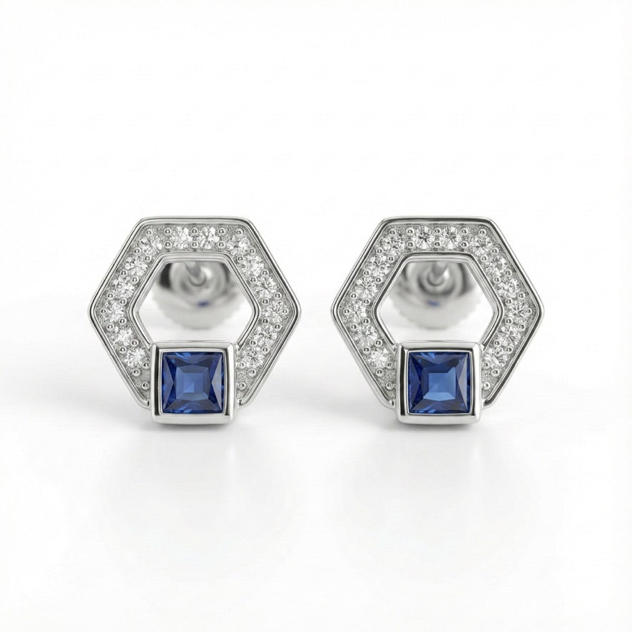 Hexa Sapphire Halo Stud Earrings – 925 Silver