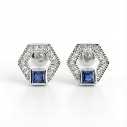 Hexa Sapphire Halo Stud Earrings – 925 Silver