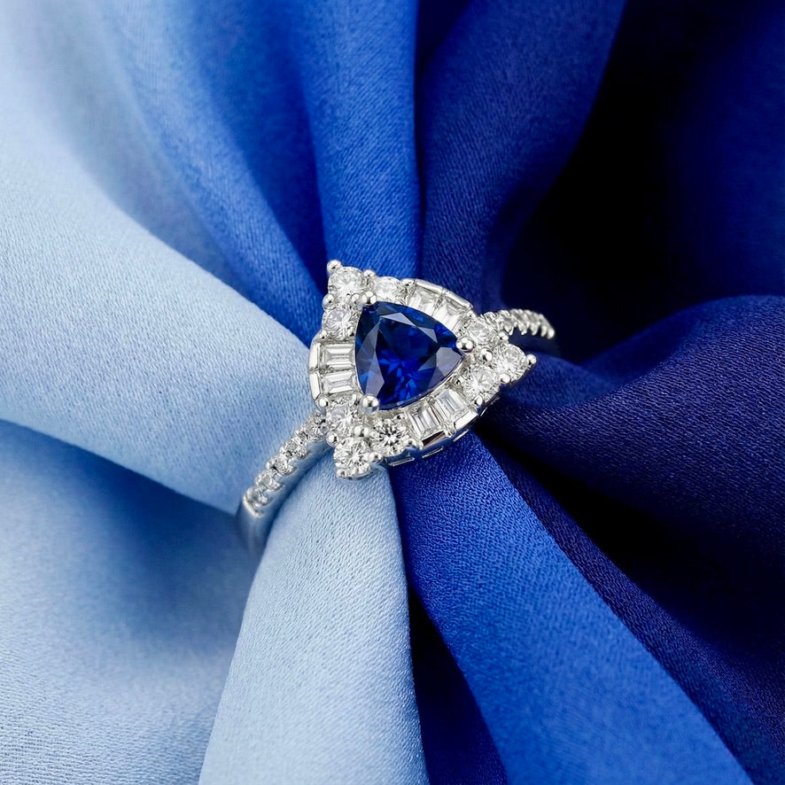 925 Silver Trillion Blue Sapphire CZ Halo Ring | Luxury Designer Statement Ring