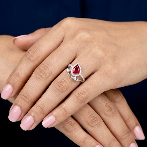 925 Silver Pear Ruby Halo Ring | Designer Red Stone Statement Ring