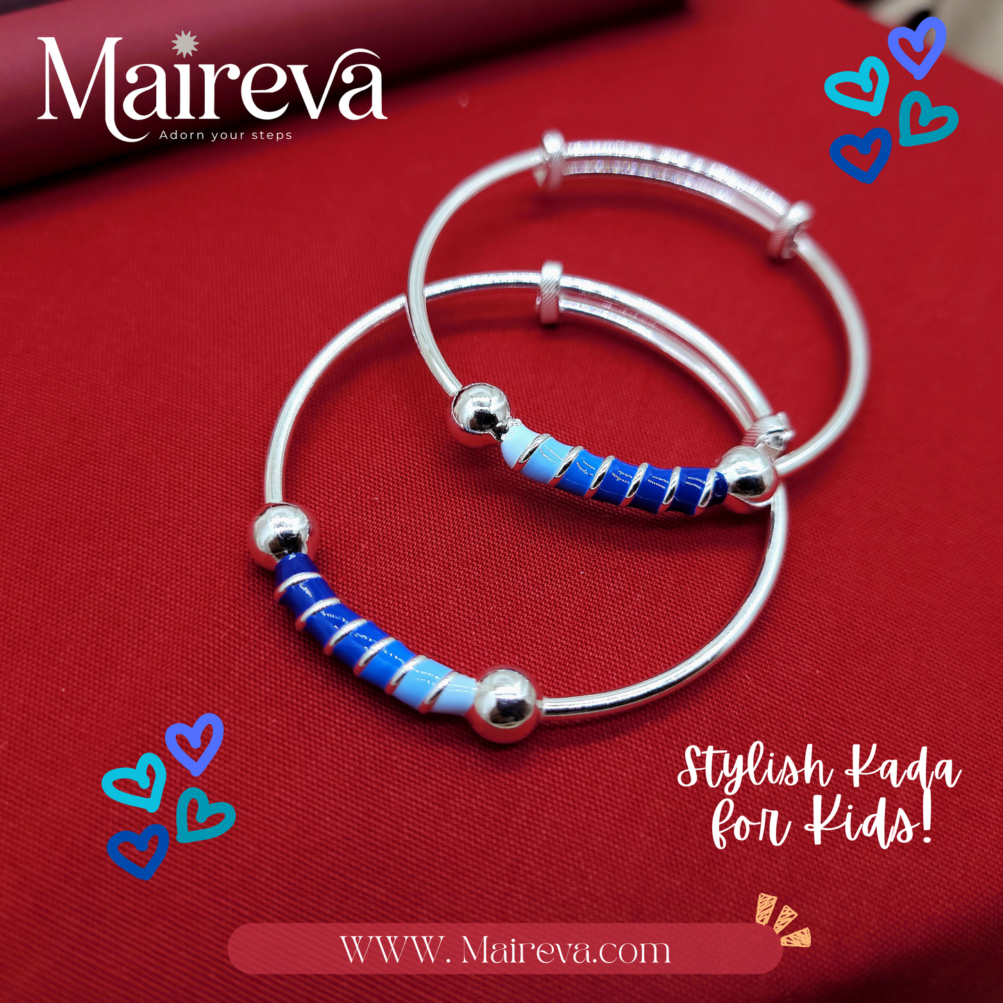 Blue Swirl Adjustable Kids Kada Set (13.9g) - 92.5 Silver