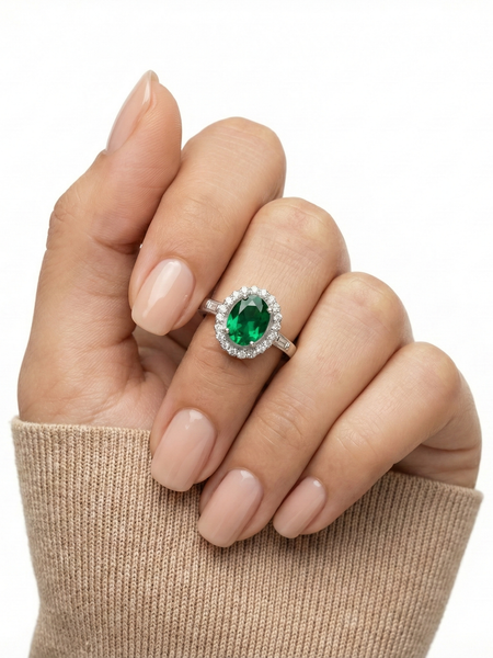 925 Silver Emerald Halo Ring | Green Stone CZ Cocktail Ring