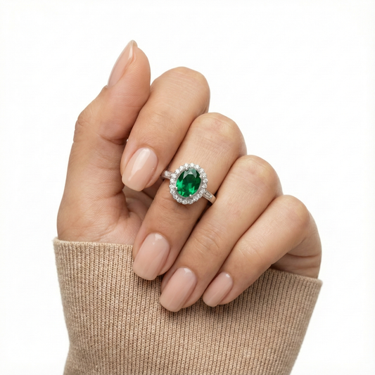 925 Silver Emerald Halo Ring | Green Stone CZ Cocktail Ring