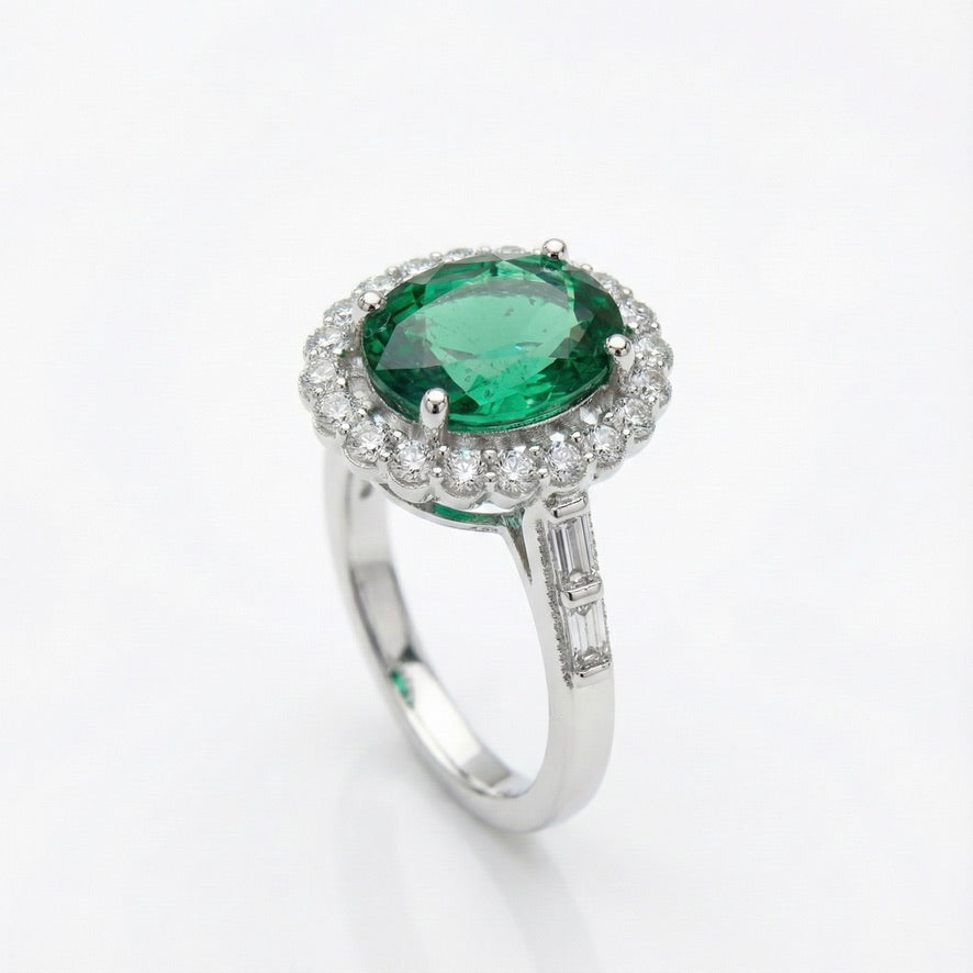 925 Silver Emerald Halo Ring | Green Stone CZ Cocktail Ring
