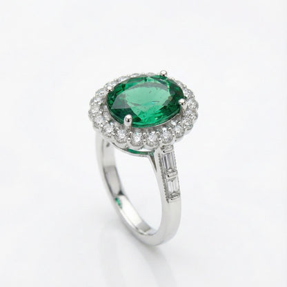925 Silver Emerald Halo Ring | Green Stone CZ Cocktail Ring