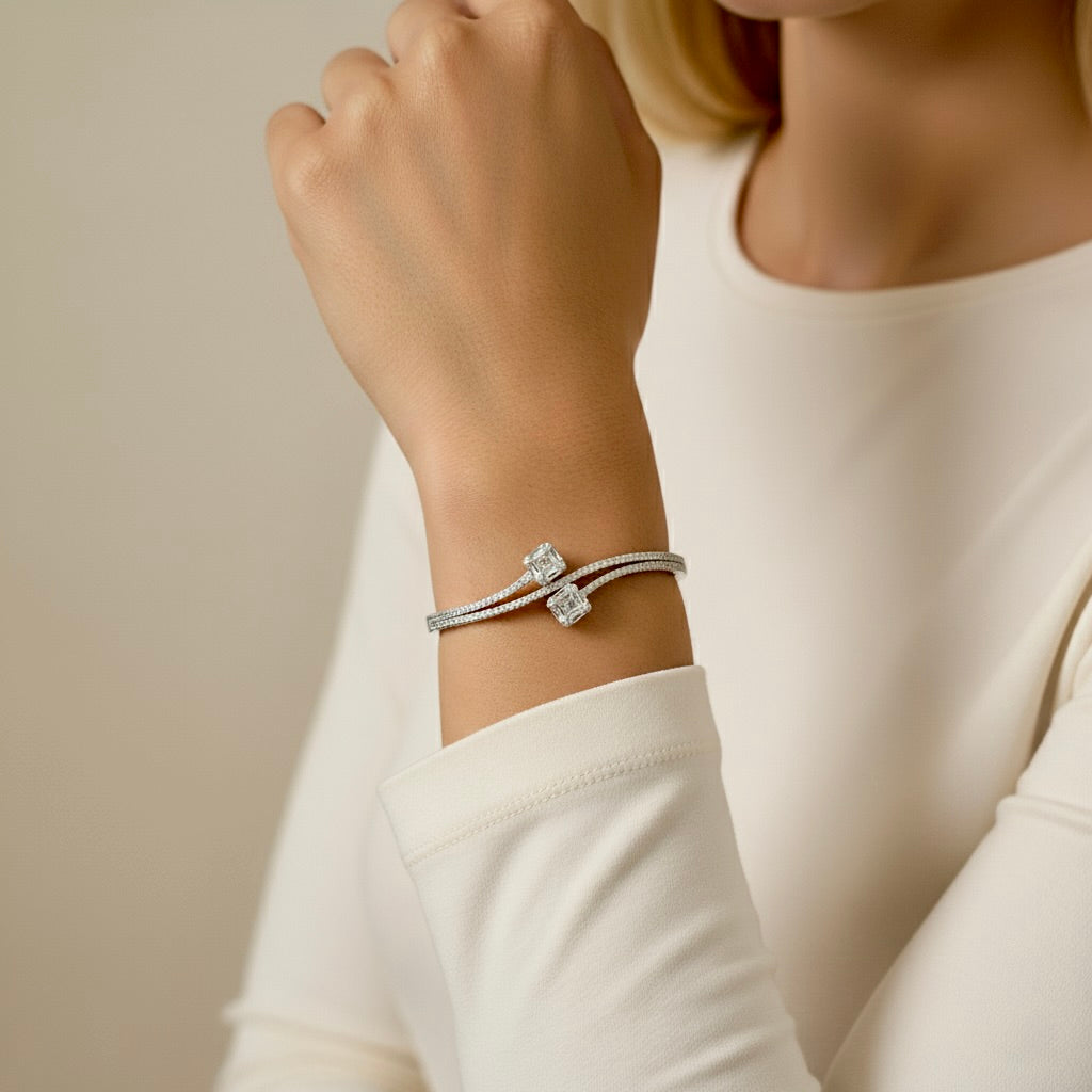 925 Silver Twin Asscher Diamond Adjustable Cuff Bracelet
