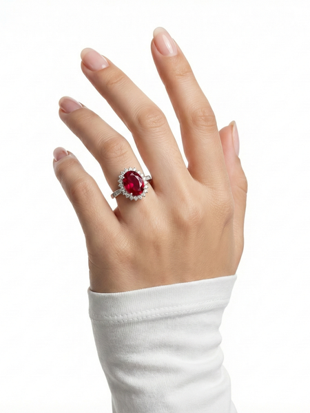 Ruby Red Oval Silver Ring for Women | 925 Halo CZ Ring