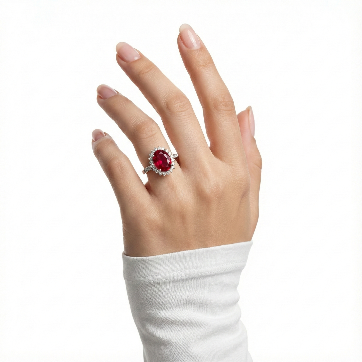 Ruby Red Oval Silver Ring for Women | 925 Halo CZ Ring