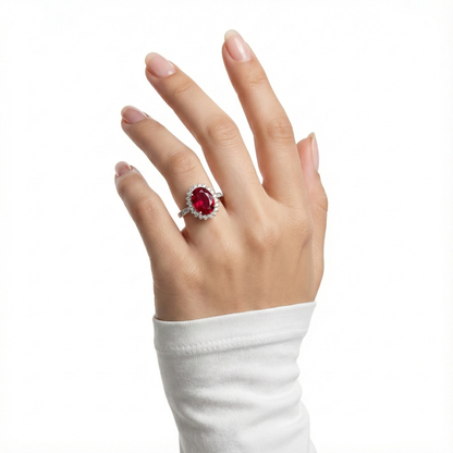 Ruby Red Oval Silver Ring for Women | 925 Halo CZ Ring