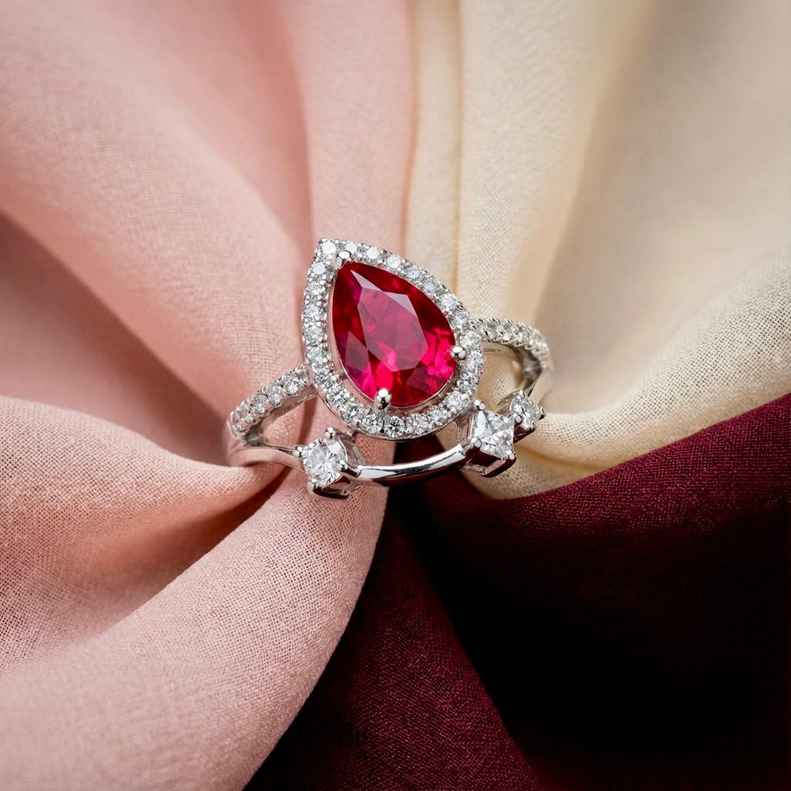 925 Silver Pear Ruby Halo Ring | Designer Red Stone Statement Ring