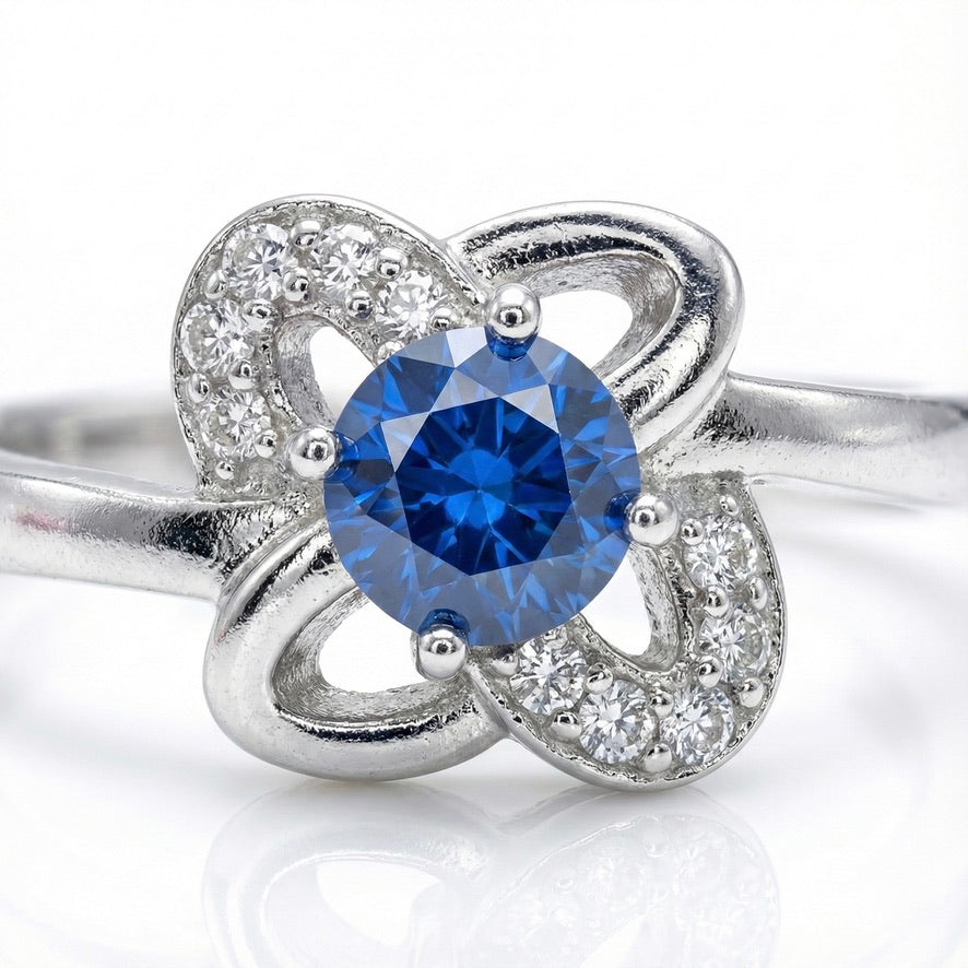 Blue Sapphire Floral Silver Ring for Women | 925 CZ Statement Ring