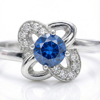 Blue Sapphire Floral Silver Ring for Women | 925 CZ Statement Ring