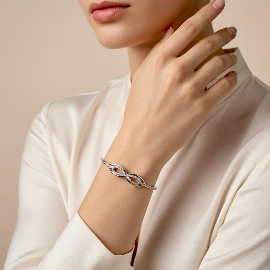 925 Silver Infinity Diamond-Style Fixed Bangle for Women