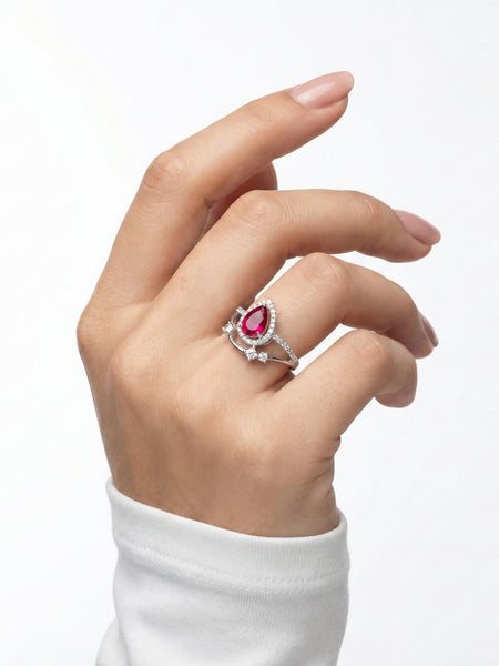 925 Silver Pear Ruby Halo Ring | Designer Red Stone Statement Ring