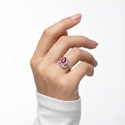 925 Silver Pear Ruby Halo Ring | Designer Red Stone Statement Ring