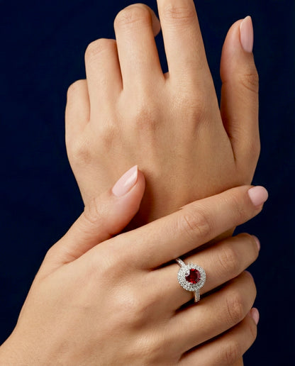 925 Silver Ruby Halo Ring | Red Stone CZ Designer Ring