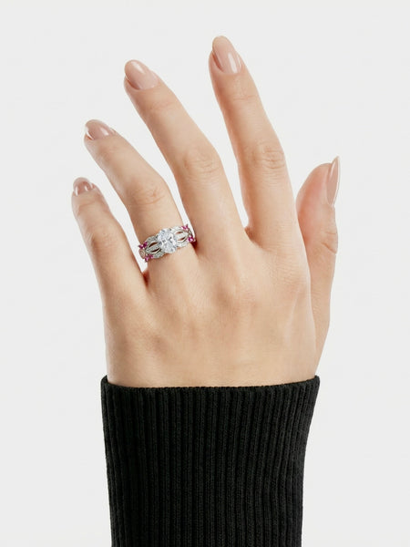 Pink Floral Silver Ring for Women | 925 CZ Oval Centerpiece Ring