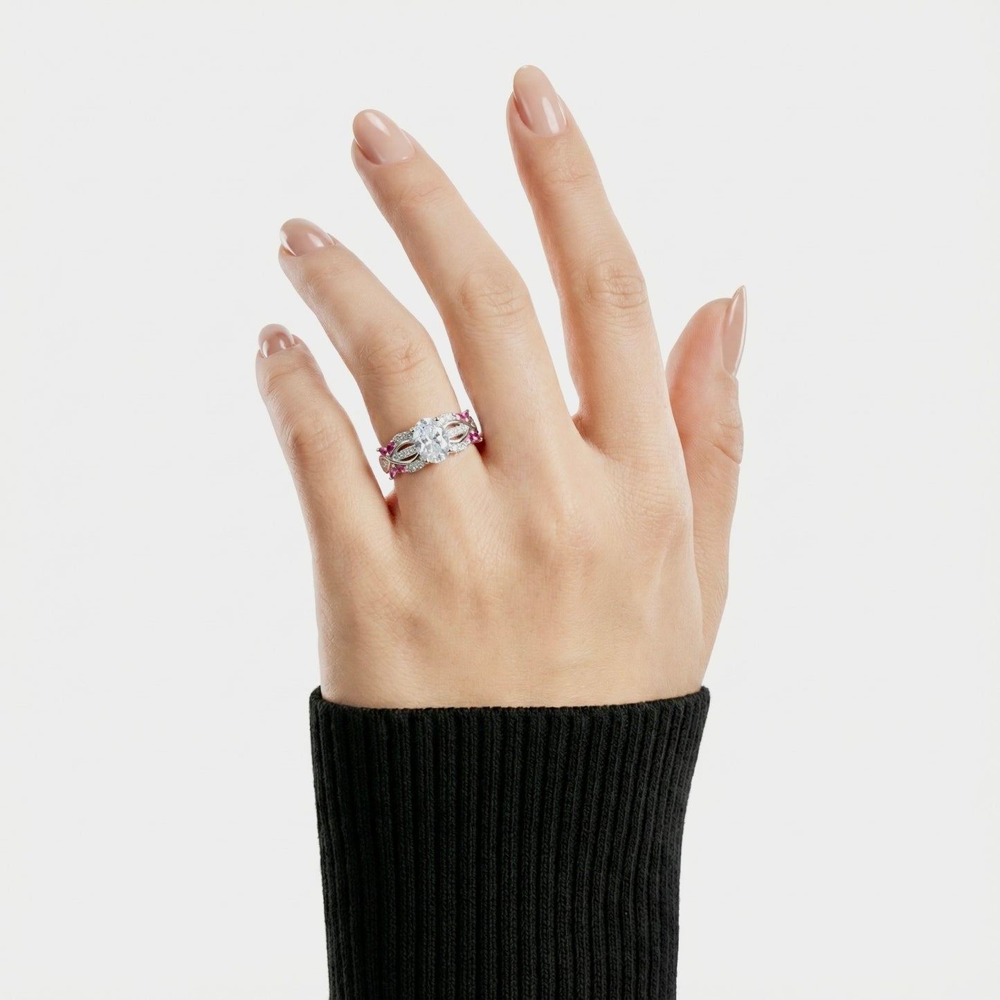 Pink Floral Silver Ring for Women | 925 CZ Oval Centerpiece Ring