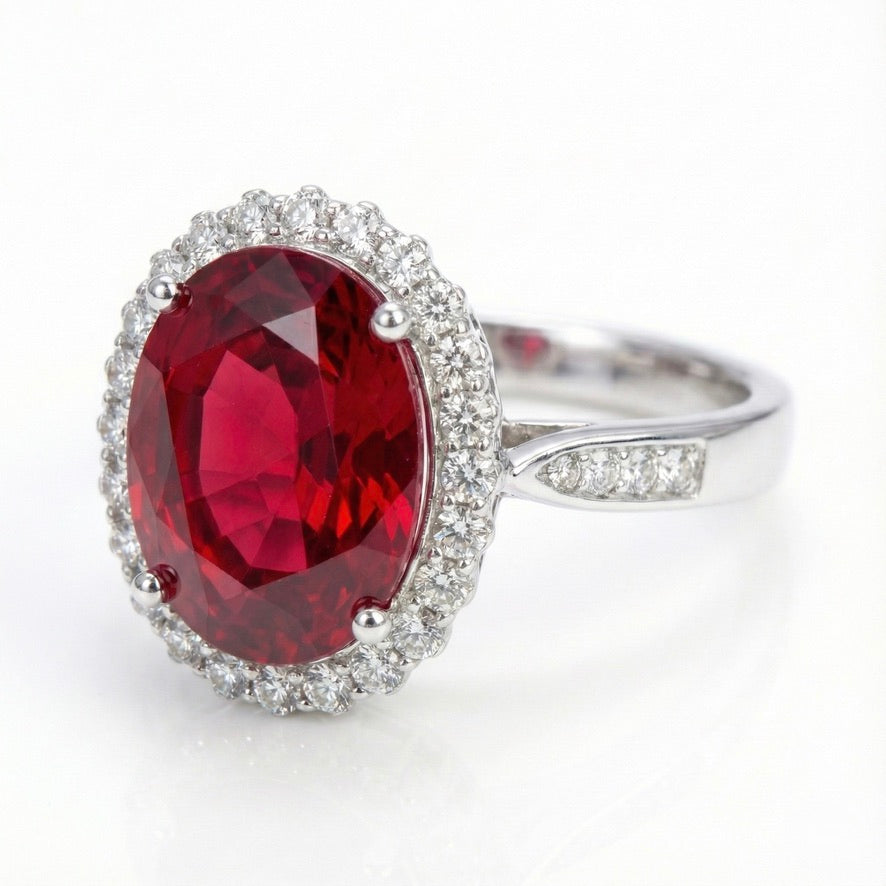 Ruby Red Oval Silver Ring for Women | 925 Halo CZ Ring