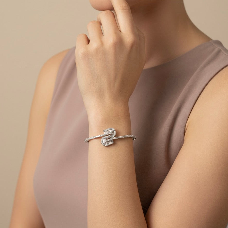 Silver Dual Loop Baguette Adjustable Bangle