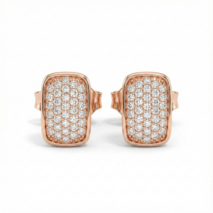 Rosette Pavé Rectangle Stud Earrings – 925 Silver (Rose Gold Polish)