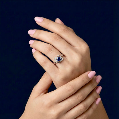 Blue Sapphire Floral Silver Ring for Women | 925 CZ Statement Ring