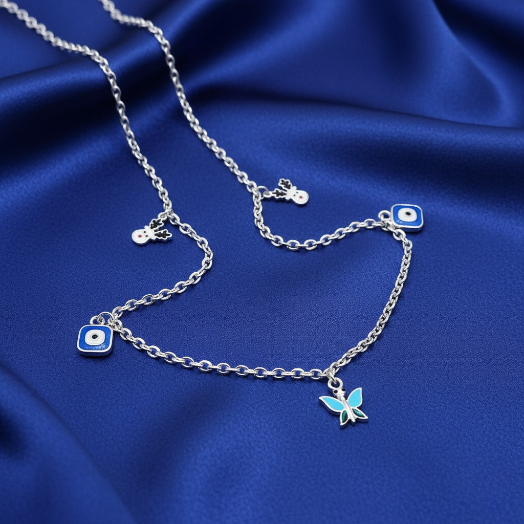 Evil Eye & Butterfly Charm Kids 925 Sterling Silver Chain (Nazar Suraksha)