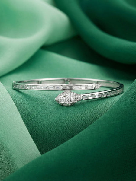 925 Silver Snake-Style Adjustable Baguette Diamond Bangle