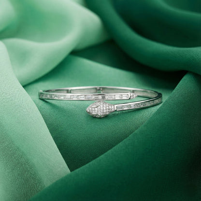 925 Silver Snake-Style Adjustable Baguette Diamond Bangle
