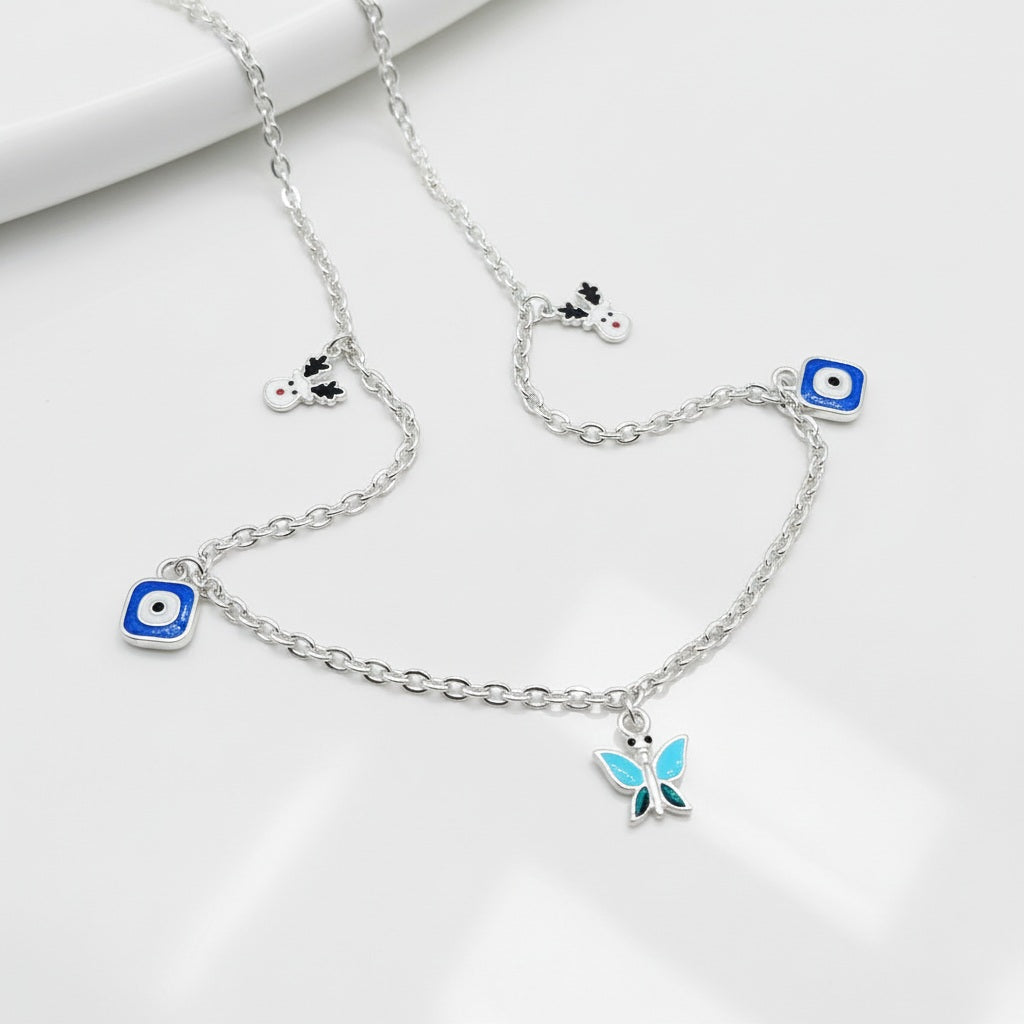 Evil Eye & Butterfly Charm Kids 925 Sterling Silver Chain (Nazar Suraksha)