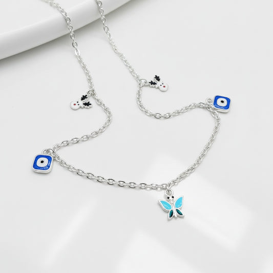 Evil Eye & Butterfly Charm Kids 925 Sterling Silver Chain (Nazar Suraksha)