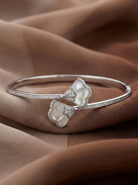 925 Silver Mother of Pearl Floral Adjustable Open Bangle for Women