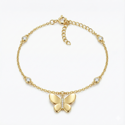 925 Silver Gold-Plated Butterfly Charm Bracelet with CZ Accents