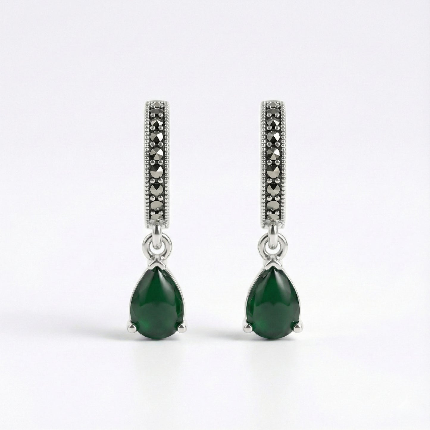 Emerald Green & Marcasite Drop Earrings | Made With Pure 925 Silver